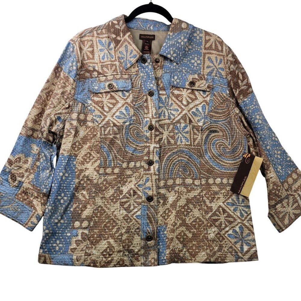 Multiples Nantucket Tapestry Quilted Jacket L Brown Boho Artsy Folk Art Coastal